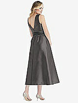 Rear View Thumbnail - Caviar Gray & Pewter High-Neck Asymmetrical Shirred Satin Midi Dress with Pockets