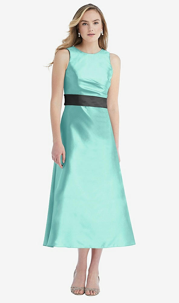 Front View - Coastal & Pewter High-Neck Asymmetrical Shirred Satin Midi Dress with Pockets
