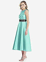Side View Thumbnail - Coastal & Pewter High-Neck Asymmetrical Shirred Satin Midi Dress with Pockets