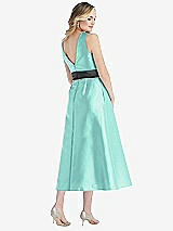 Rear View Thumbnail - Coastal & Pewter High-Neck Asymmetrical Shirred Satin Midi Dress with Pockets