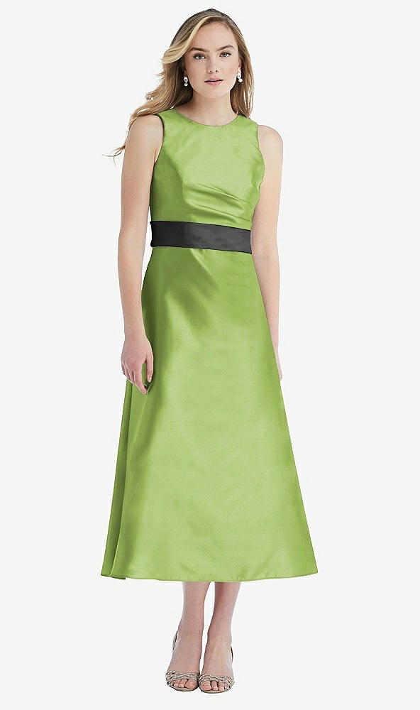 Front View - Mojito & Pewter High-Neck Asymmetrical Shirred Satin Midi Dress with Pockets