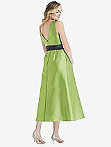 Rear View Thumbnail - Mojito & Pewter High-Neck Asymmetrical Shirred Satin Midi Dress with Pockets