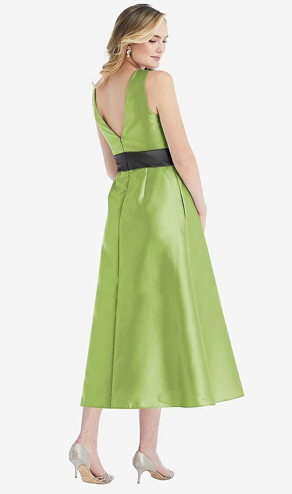 Back View - Mojito & Pewter High-Neck Asymmetrical Shirred Satin Midi Dress with Pockets