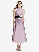 Front View Thumbnail - Suede Rose & Pewter High-Neck Asymmetrical Shirred Satin Midi Dress with Pockets