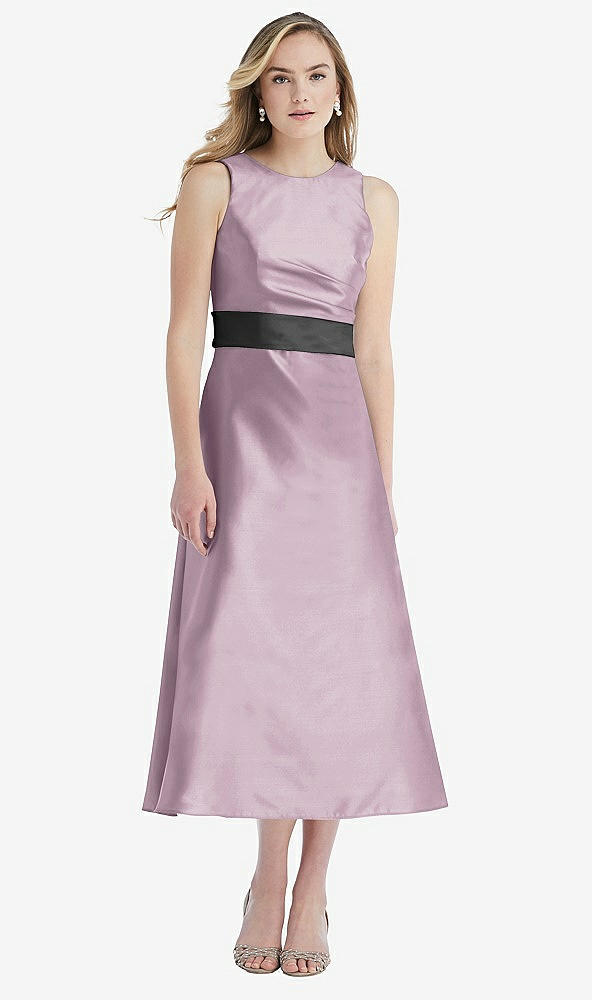 Front View - Suede Rose & Pewter High-Neck Asymmetrical Shirred Satin Midi Dress with Pockets