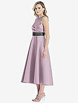 Side View Thumbnail - Suede Rose & Pewter High-Neck Asymmetrical Shirred Satin Midi Dress with Pockets