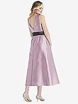 Rear View Thumbnail - Suede Rose & Pewter High-Neck Asymmetrical Shirred Satin Midi Dress with Pockets