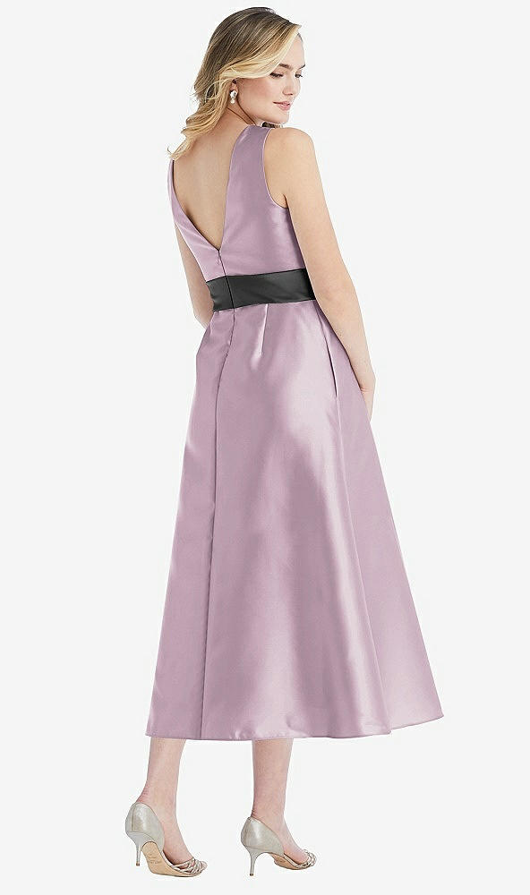 Back View - Suede Rose & Pewter High-Neck Asymmetrical Shirred Satin Midi Dress with Pockets