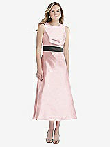 Front View Thumbnail - Ballet Pink & Pewter High-Neck Asymmetrical Shirred Satin Midi Dress with Pockets
