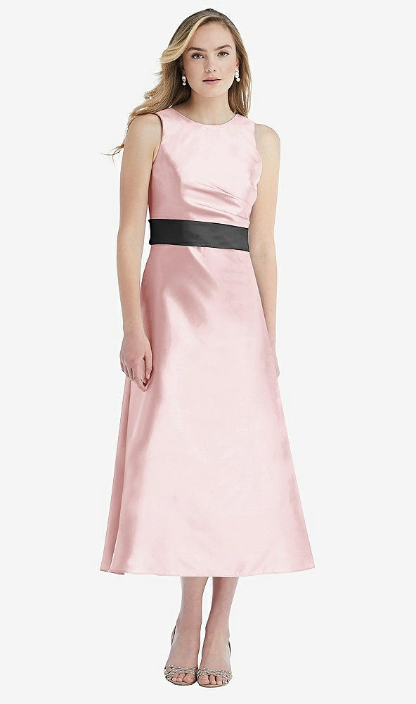 Front View - Ballet Pink & Pewter High-Neck Asymmetrical Shirred Satin Midi Dress with Pockets