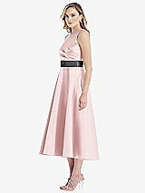 Side View Thumbnail - Ballet Pink & Pewter High-Neck Asymmetrical Shirred Satin Midi Dress with Pockets