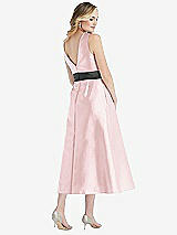 Rear View Thumbnail - Ballet Pink & Pewter High-Neck Asymmetrical Shirred Satin Midi Dress with Pockets