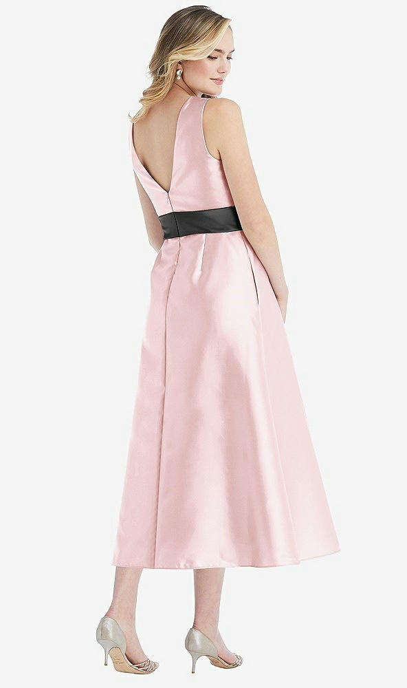 Back View - Ballet Pink & Pewter High-Neck Asymmetrical Shirred Satin Midi Dress with Pockets