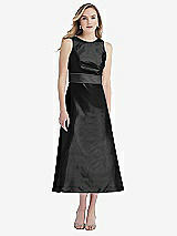 Front View Thumbnail - Black & Pewter High-Neck Asymmetrical Shirred Satin Midi Dress with Pockets
