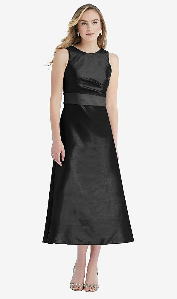 Front View - Black & Pewter High-Neck Asymmetrical Shirred Satin Midi Dress with Pockets