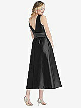 Rear View Thumbnail - Black & Pewter High-Neck Asymmetrical Shirred Satin Midi Dress with Pockets