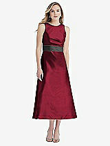 Front View Thumbnail - Burgundy & Pewter High-Neck Asymmetrical Shirred Satin Midi Dress with Pockets