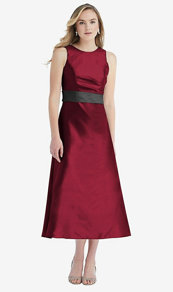 Front View - Burgundy & Pewter High-Neck Asymmetrical Shirred Satin Midi Dress with Pockets
