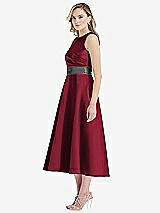 Side View Thumbnail - Burgundy & Pewter High-Neck Asymmetrical Shirred Satin Midi Dress with Pockets