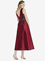 Rear View Thumbnail - Burgundy & Pewter High-Neck Asymmetrical Shirred Satin Midi Dress with Pockets
