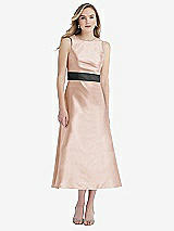 Front View Thumbnail - Cameo & Pewter High-Neck Asymmetrical Shirred Satin Midi Dress with Pockets