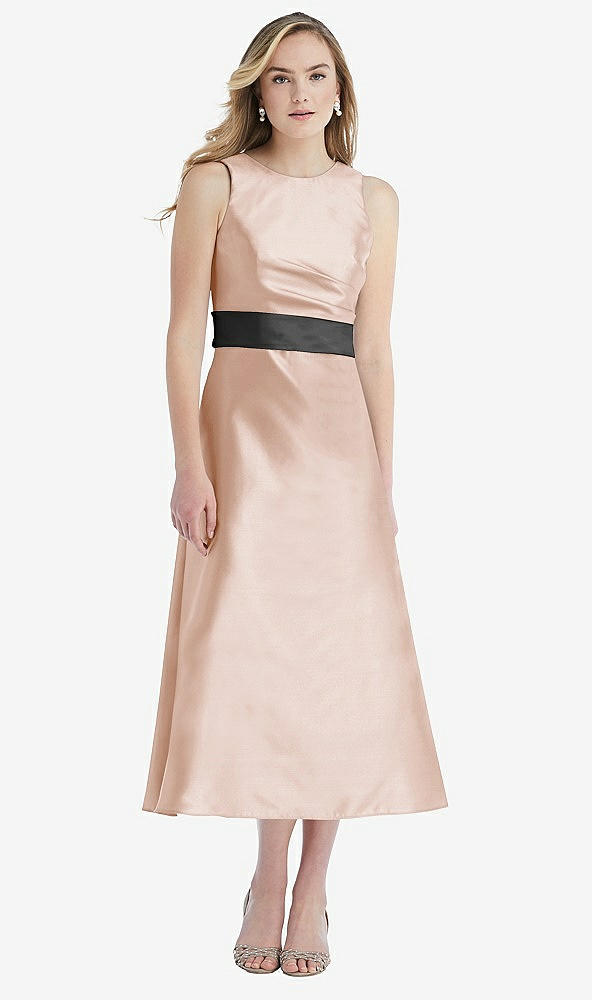 Front View - Cameo & Pewter High-Neck Asymmetrical Shirred Satin Midi Dress with Pockets