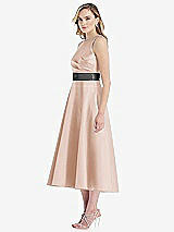 Side View Thumbnail - Cameo & Pewter High-Neck Asymmetrical Shirred Satin Midi Dress with Pockets