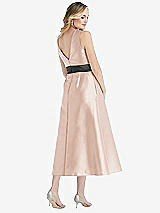 Rear View Thumbnail - Cameo & Pewter High-Neck Asymmetrical Shirred Satin Midi Dress with Pockets
