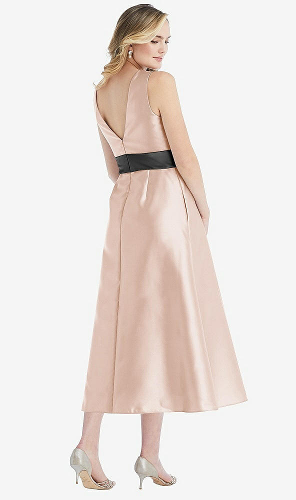 Back View - Cameo & Pewter High-Neck Asymmetrical Shirred Satin Midi Dress with Pockets