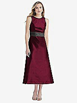 Front View Thumbnail - Cabernet & Pewter High-Neck Asymmetrical Shirred Satin Midi Dress with Pockets