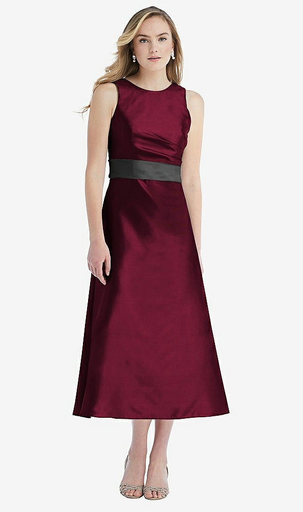 Front View - Cabernet & Pewter High-Neck Asymmetrical Shirred Satin Midi Dress with Pockets