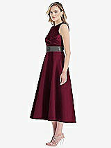 Side View Thumbnail - Cabernet & Pewter High-Neck Asymmetrical Shirred Satin Midi Dress with Pockets