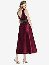 Rear View Thumbnail - Cabernet & Pewter High-Neck Asymmetrical Shirred Satin Midi Dress with Pockets