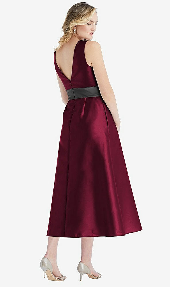 Back View - Cabernet & Pewter High-Neck Asymmetrical Shirred Satin Midi Dress with Pockets