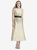 Front View Thumbnail - Champagne & Pewter High-Neck Asymmetrical Shirred Satin Midi Dress with Pockets