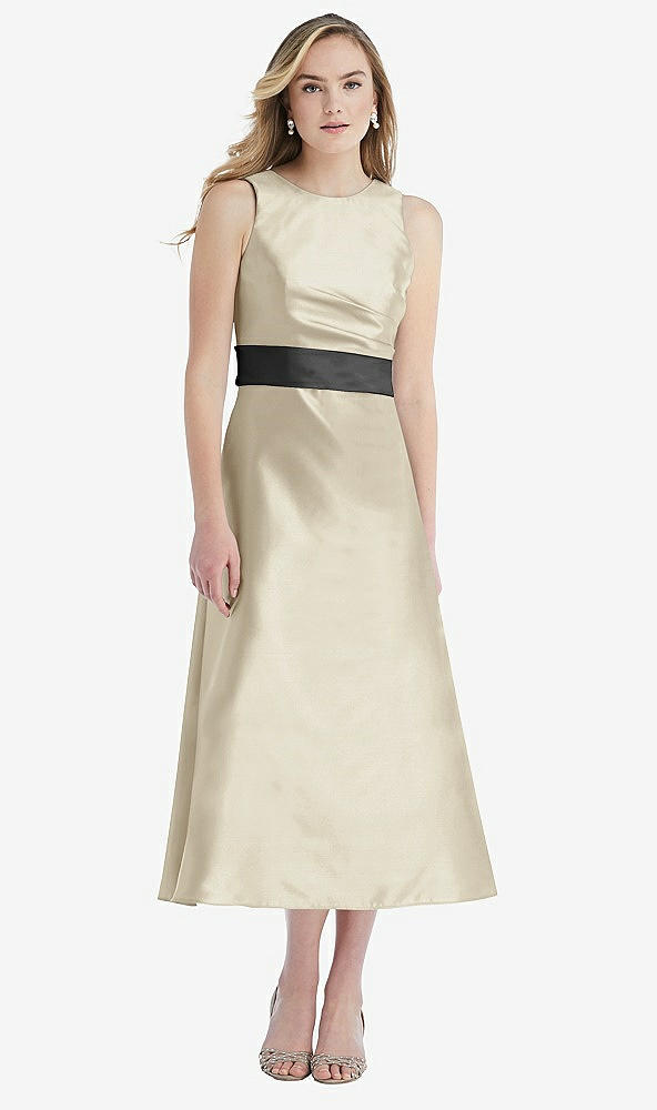 Front View - Champagne & Pewter High-Neck Asymmetrical Shirred Satin Midi Dress with Pockets