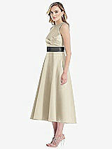 Side View Thumbnail - Champagne & Pewter High-Neck Asymmetrical Shirred Satin Midi Dress with Pockets