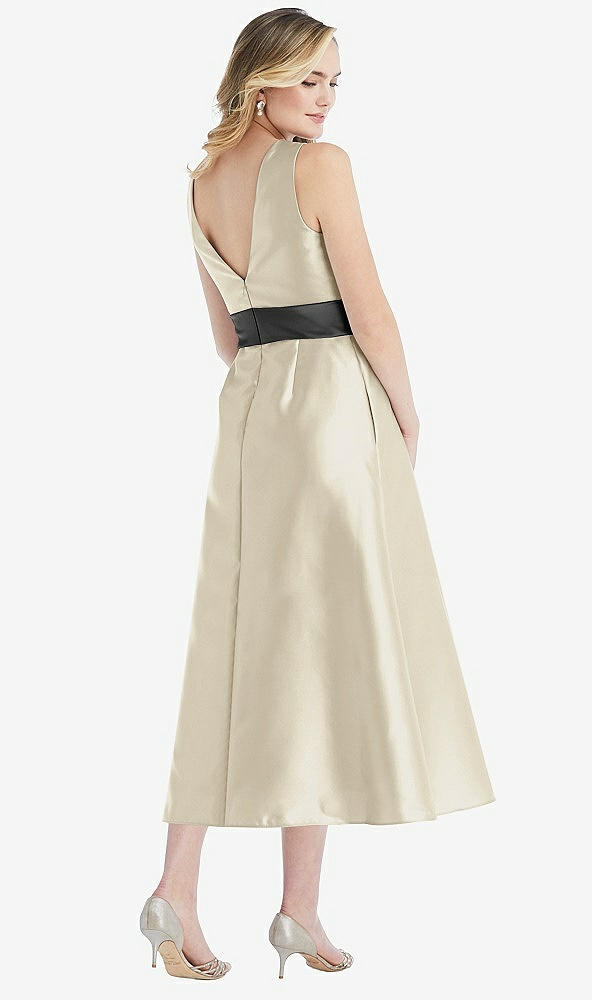 Back View - Champagne & Pewter High-Neck Asymmetrical Shirred Satin Midi Dress with Pockets