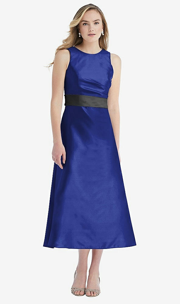 Front View - Cobalt Blue & Pewter High-Neck Asymmetrical Shirred Satin Midi Dress with Pockets