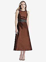 Front View Thumbnail - Cognac & Pewter High-Neck Asymmetrical Shirred Satin Midi Dress with Pockets