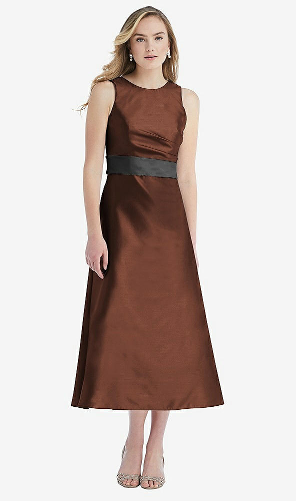 Front View - Cognac & Pewter High-Neck Asymmetrical Shirred Satin Midi Dress with Pockets