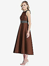 Side View Thumbnail - Cognac & Pewter High-Neck Asymmetrical Shirred Satin Midi Dress with Pockets