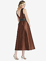 Rear View Thumbnail - Cognac & Pewter High-Neck Asymmetrical Shirred Satin Midi Dress with Pockets