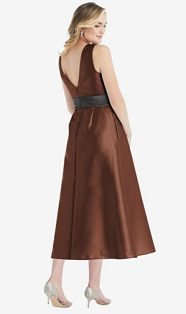 Back View - Cognac & Pewter High-Neck Asymmetrical Shirred Satin Midi Dress with Pockets