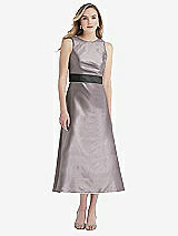 Front View Thumbnail - Cashmere Gray & Pewter High-Neck Asymmetrical Shirred Satin Midi Dress with Pockets