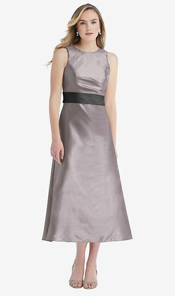 Front View - Cashmere Gray & Pewter High-Neck Asymmetrical Shirred Satin Midi Dress with Pockets