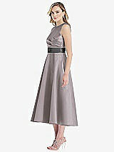 Side View Thumbnail - Cashmere Gray & Pewter High-Neck Asymmetrical Shirred Satin Midi Dress with Pockets