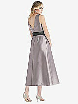 Rear View Thumbnail - Cashmere Gray & Pewter High-Neck Asymmetrical Shirred Satin Midi Dress with Pockets