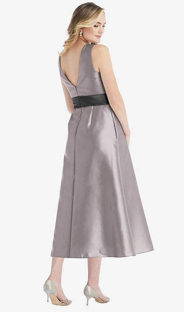 Back View - Cashmere Gray & Pewter High-Neck Asymmetrical Shirred Satin Midi Dress with Pockets