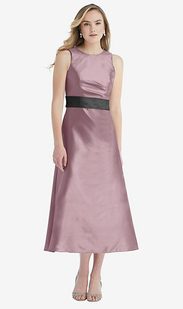 Front View - Dusty Rose & Pewter High-Neck Asymmetrical Shirred Satin Midi Dress with Pockets